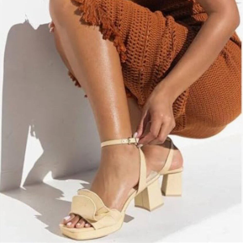 Pazzion Khaki Platform Square Toe Pleated Ruffle Chunky High Heels Strap Sandals
